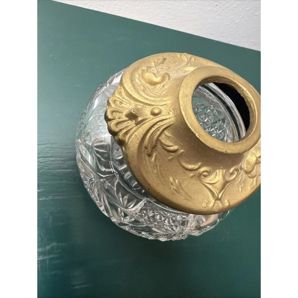 Art‎ Nouveau Crystal Hair Receiver w/ Brass Tone Ornate Lid Edwardian Vintage